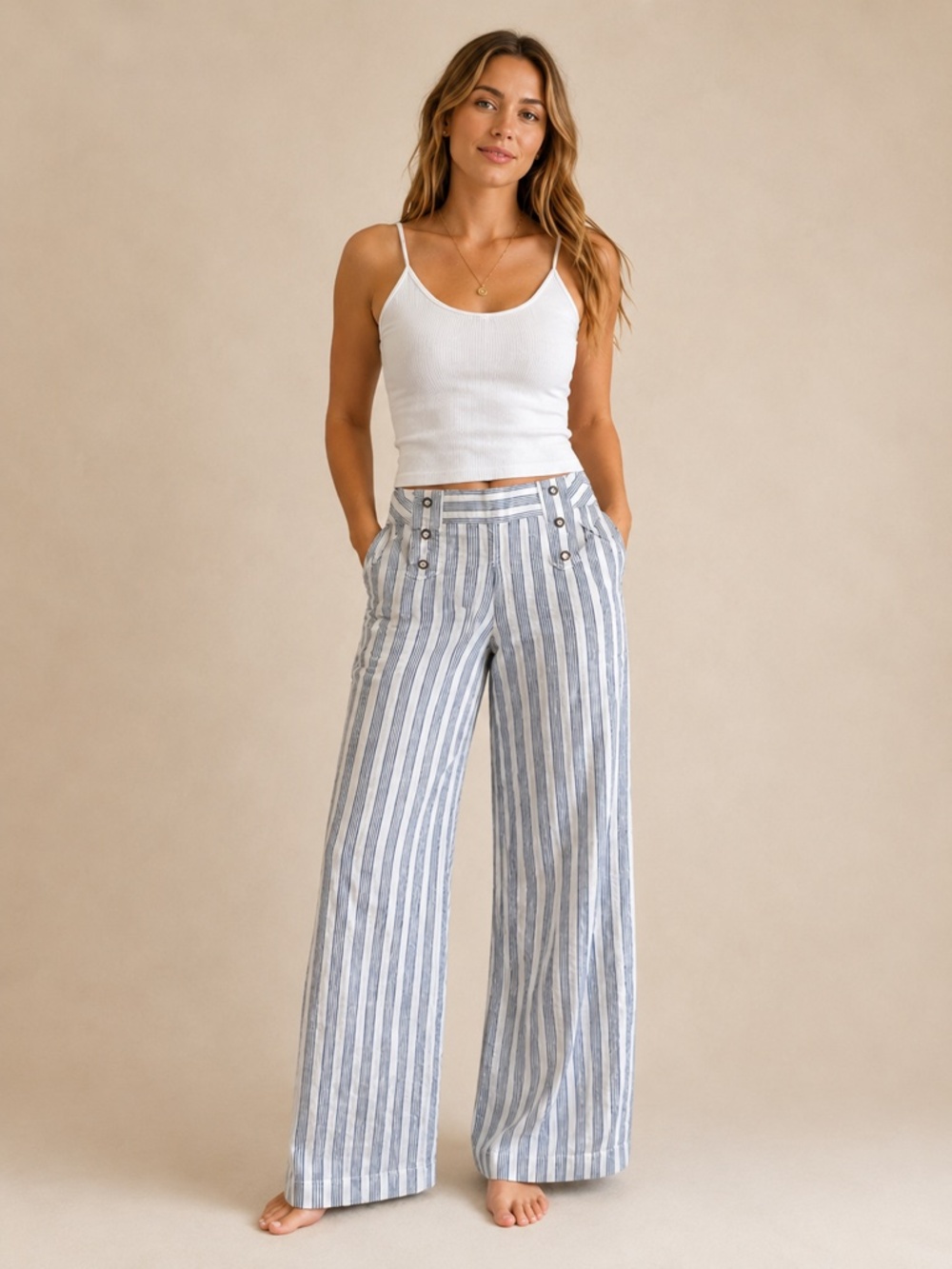 LONDONJEAN - Women's Wide Leg White & Blue Striped Pants - Sz2